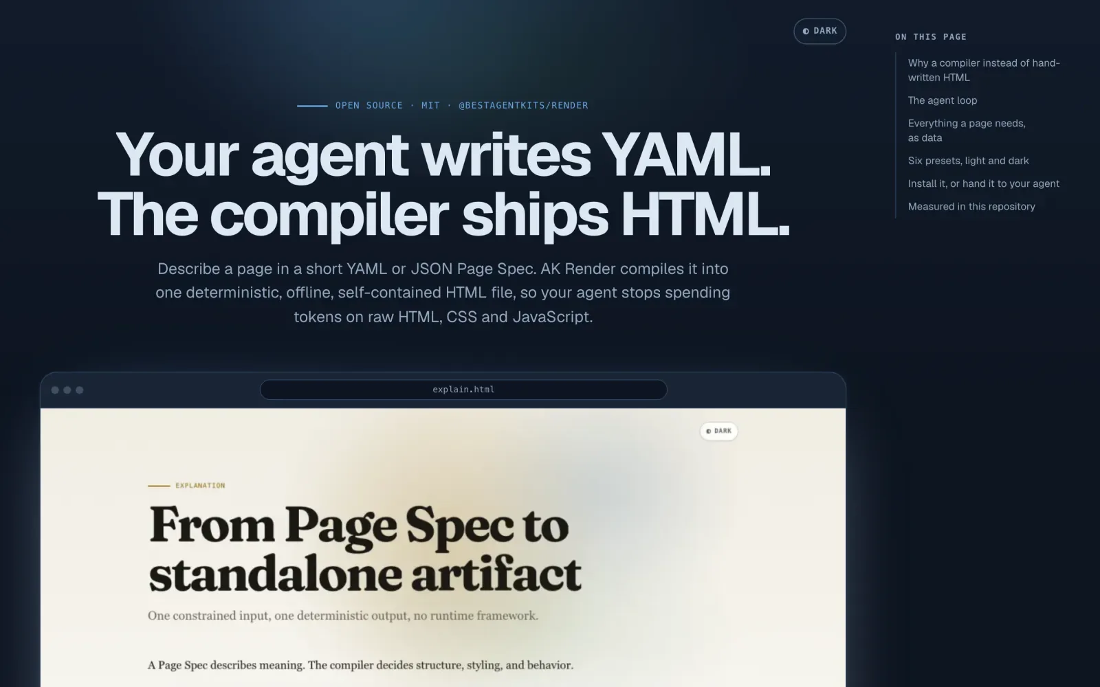The same page in dark mode: theming is owned by the compiler.
