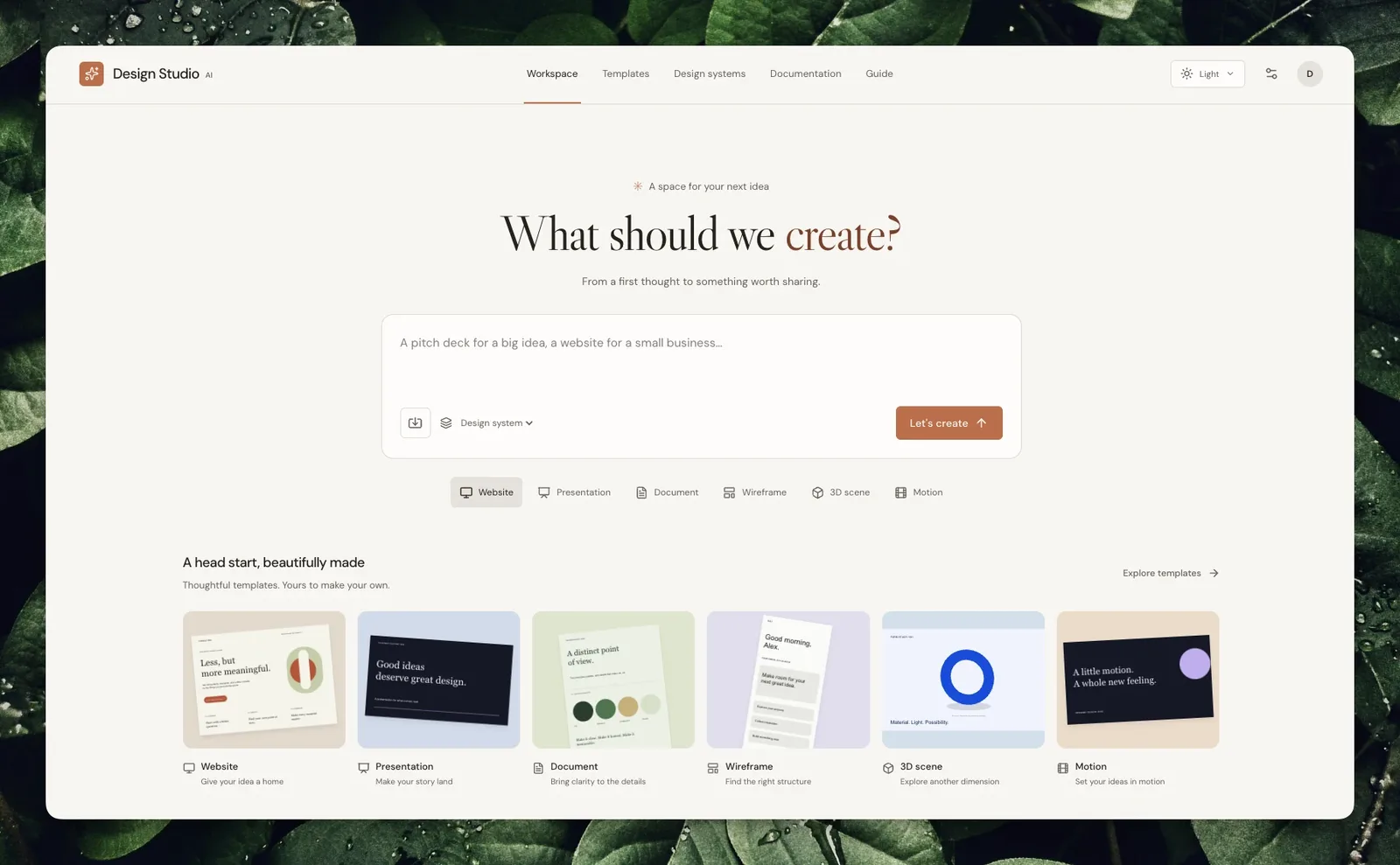 The workspace: every design, slide deck, document and scene in one place.