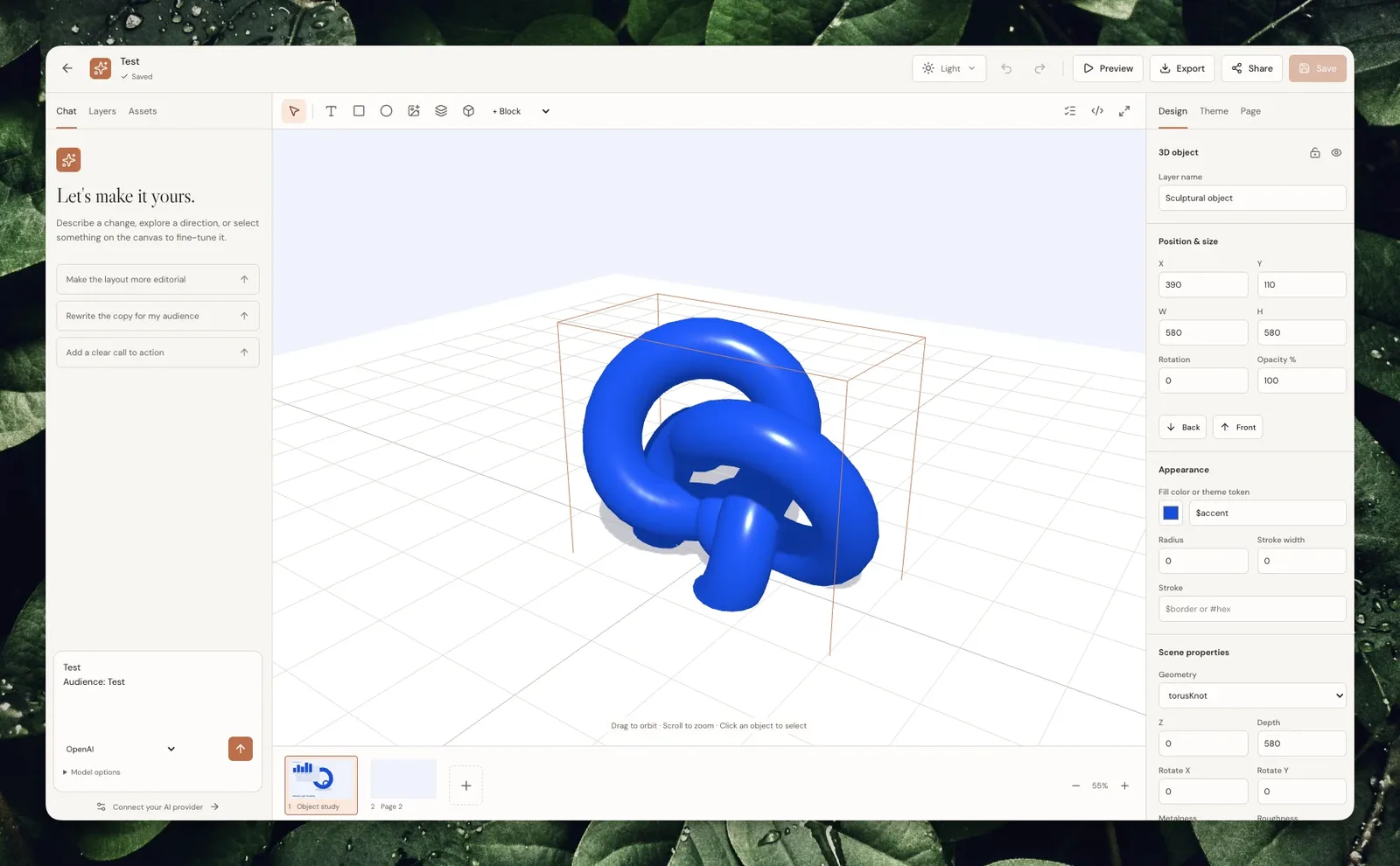 3D scene editor with editable rigged characters and GLB/glTF export.