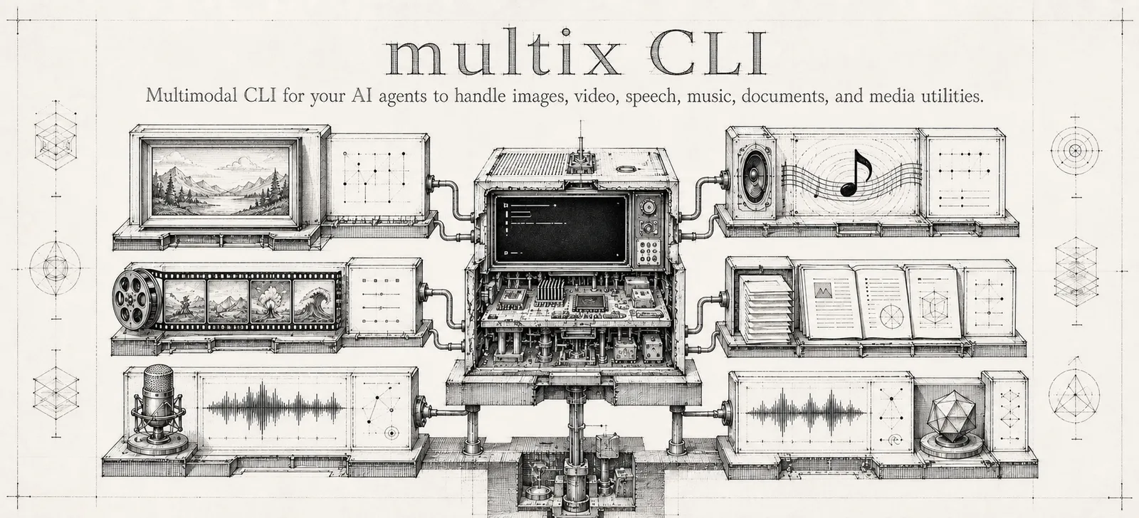 One CLI for images, video, speech, music, documents and media utilities, wired to many AI providers.