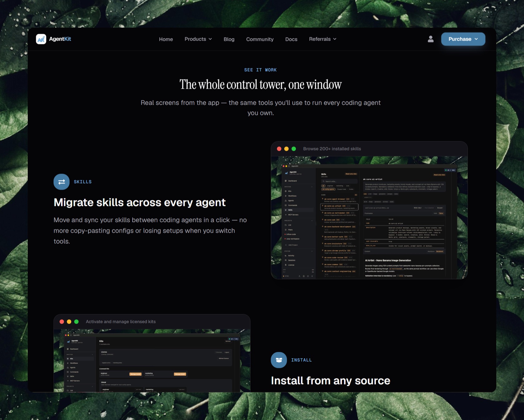 The whole control tower in one window — migrate skills across agents and install from any source.
